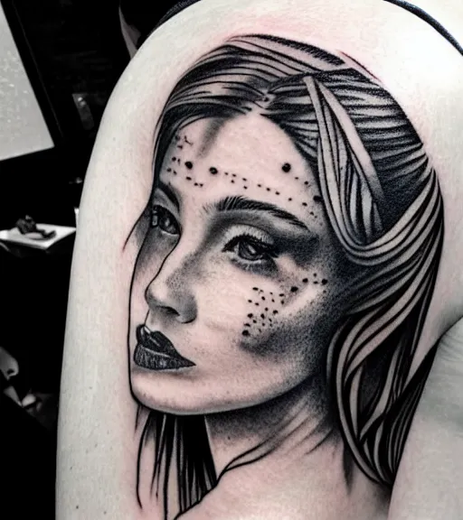 Image similar to tattoo design sketch of an extremely beautiful woman face with a faded background of stunning mountain view on her side, hyper - realistic, in the style of matteo pasqualin, amazing detail, black and white, faded