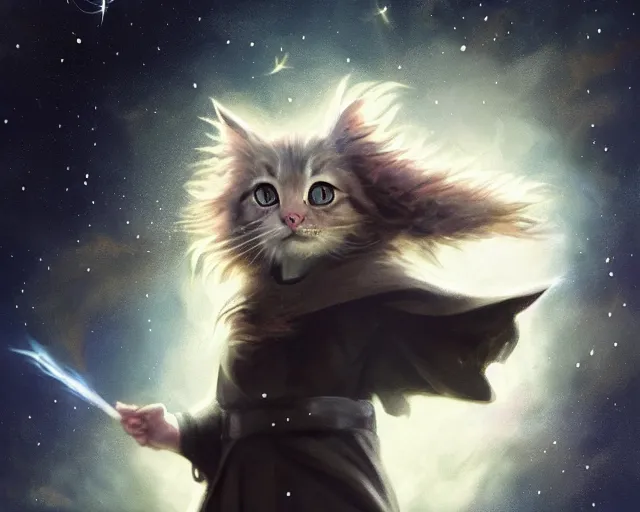 Image similar to a single cartoonish kitten dressed as Gandalf floating in space, bright stars, anime, a fantasy digital painting by Greg Rutkowski and James Gurney, trending on Artstation, highly detailed