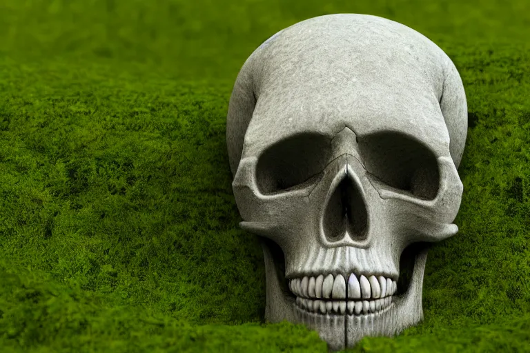 Prompt: Skull in the grass, moss, rocks, realism, 3d render, 50mm, boke