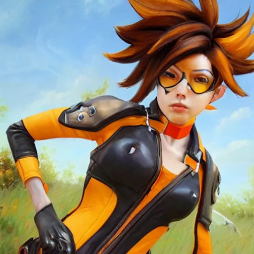 Image similar to oil painting of tracer overwatch in a field wearing large leather belt choker collar around neck, in style of mark arian, expressive face, detailed face, detailed eyes, full body, feminine face, tracer overwatch,