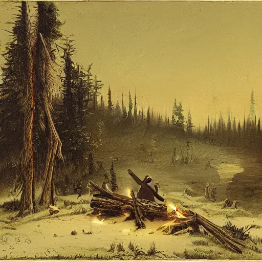 Image similar to hunter alone in the wilderness, campfire at midnight, deep dark boreal forest, 19th century