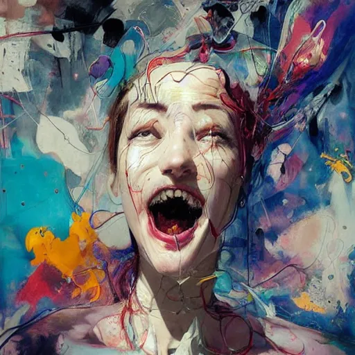 Image similar to grinning woman in a vr headset, dynamic energic pose, cyberpunk in the style of adrian ghenie, esao andrews, jenny saville, surrealism, dark art by james jean, takato yamamoto