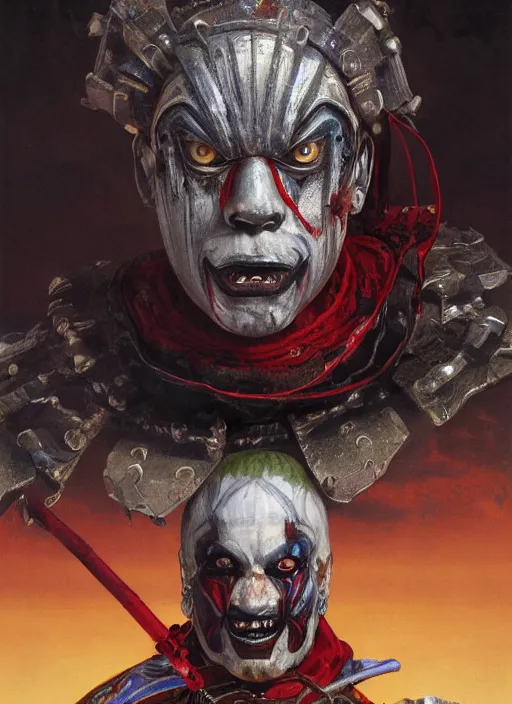 Image similar to portrait of a diabolical cyborg clown samurai, torn cape, adaptive armor, dynamic pose, heavy eyes to the side, ancient ruins, glowing veins subsurface scattering, in clouds, sunset, portrait, by gerald brom, by mikhail vrubel, by peter elson, muted colors, extreme detail, reflections, trending on artstation, 8 k