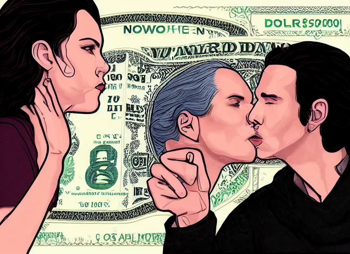 Prompt: reylo kissing, dollar bill