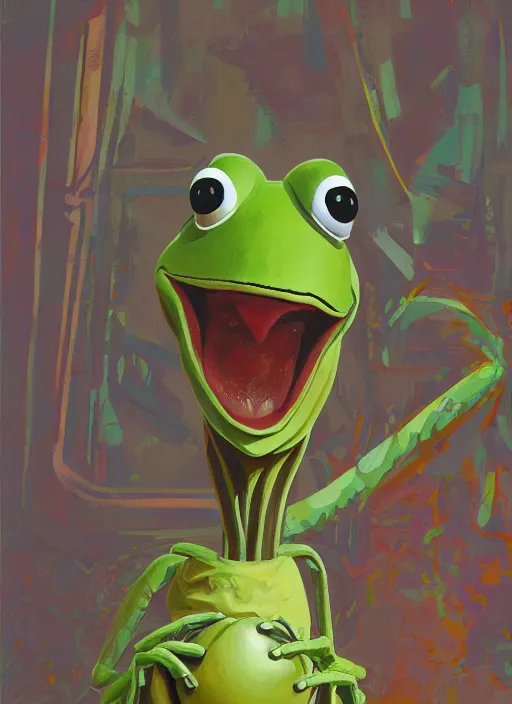 Image similar to portrait of Kermit the frog robot, detailed, coherent, painted by Edward Hopper, Wayne Barlowe, James Gilleard, airbrush, art by James Jean