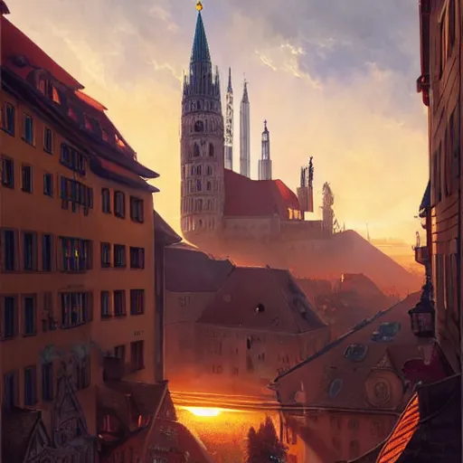 Prompt: , city of munich!!!, huge bright meteor falling from the skies!!!, people in panic!!, hyperrealistic, highly detailed, cinematic, golden sunlight, beautiful, cgssociety, artstation, 8 k, oil painting by greg rutkowski, by artgerm, by wlop