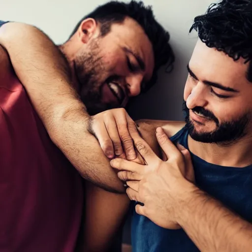 Image similar to man getting his armpits tickled by another man