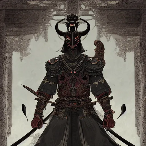 Image similar to A digital intricate illustration concept art of samurai baphomet inspired art by Renato muccillo and Andreas Rocha and Johanna Rupprecht + dofus colors, wakfu colors + symmetry + greco-roman art, intricate complexity, epic composition, magical atmosphere, highly detailed, cinematic lighting + masterpiece, trending on artstation + 8k