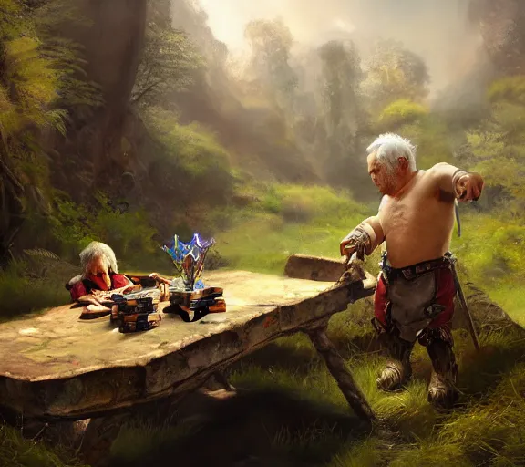 Prompt: fantasy illustration of halfling dice gambling with a white haired dwarf next to a shallow creek and cart, oil painting, craig mullins, wlop, highly detailed, colorful, unreal engine, octane render, dramatic lighting, cinematic composition,