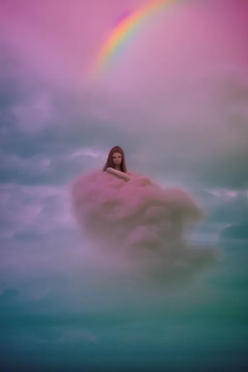 Image similar to high quality pastel coloured film photograph of a model wearing clothing resting on cloud furniture in a icelandic black rock environment in a partially haze filled dreamstate world. three point light, rainbow. photographic production. art directed. pastel colours. volumetric clouds. pastel gradient overlay. waves glitch artefacts. extreme facial clarity. 8 k. filmic.