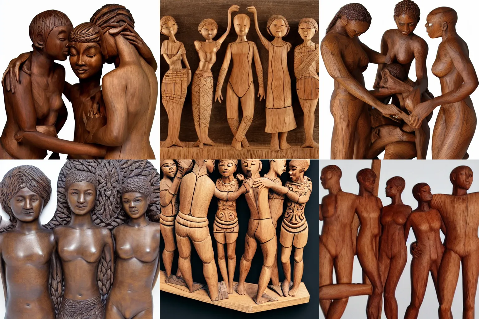 Prompt: intricate wood sculpture of beautiful androgynous polyamorous racially diverse people caressing