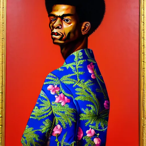 Image similar to A portrait of a scrawny stylish and alluring non-binary person, oil painting by Kehinde Wiley, majestic, detailed, high resolution