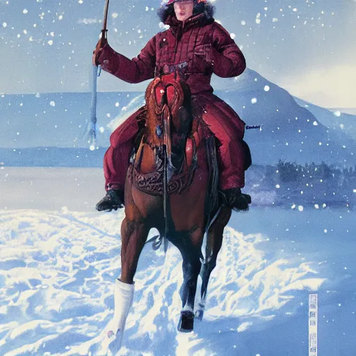 Image similar to a painting of a person on a horse in the snow, poster art by otomo katsuhiro, cgsociety, nuclear art, reimagined by industrial light and magic, official art, poster art