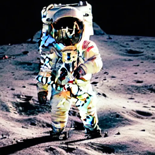 Prompt: An astronaut using a public payphone on the moon, NASA archival photo