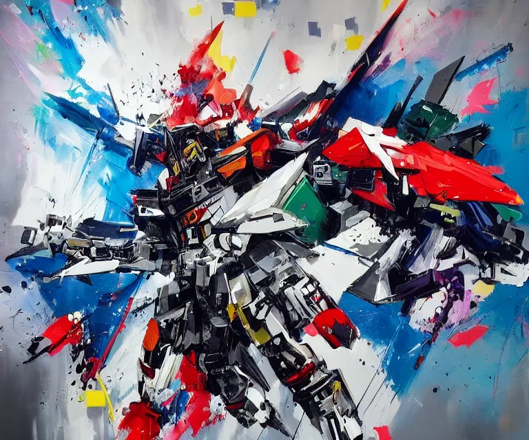 Prompt: acrylic and spraypaint action portrait of a giant origami gundam battling in space, explosions, graffiti wildstyle, large brush strokes, painting, paint drips, acrylic, clear shapes, spraypaint, smeared flowers large triangular shapes, painting by ashley wood, totem 2, jeremy mann, masterpiece