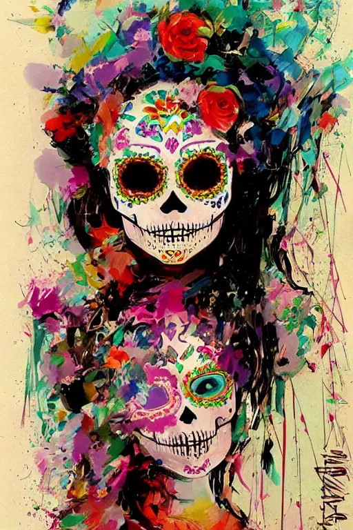 Image similar to Illustration of a sugar skull day of the dead girl, art by John Berkey