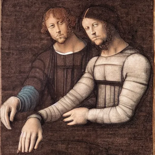 Image similar to realistic academic sketch of two handsome men holding hands in the style of Leonardo Da Vinci