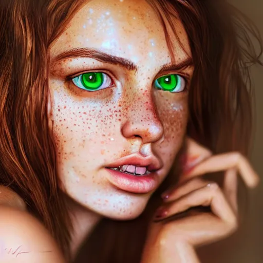 Image similar to intricate portrait of a cute thin young woman, light bronze brown hair, very detailed vivid green eyes, red blush, light freckles, soft smile, casual clothes, relaxing on the couch, home interior, golden hour, close up shot, 8 k, art by irakli nadar, hyperrealism, hyperdetailed, ultra realistic