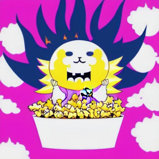 Image similar to kawaii wacky fluffy popcorn with lightning bolt power, yokai, in the style of a manga character, with a smiling face and flames for hair, sitting on a lotus flower, white background, simple, clean composition, symmetrical