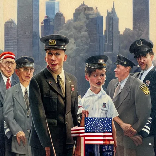 Image similar to nostalgia for 9/11, 4k, award-winning, dark, ultra HD, patriotic, america. in the style of norman rockwell