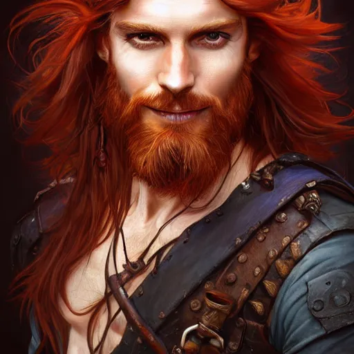 Prompt: portrait of a young ruggedly handsome but joyful pirate, male, masculine, upper body, red hair, long hair, d & d, fantasy, dirty smirk, intricate, elegant, highly detailed, digital painting, artstation, concept art, matte, sharp focus, illustration, art by artgerm and greg rutkowski and alphonse mucha