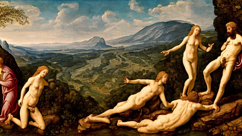 Image similar to Adam and eve going up the mountain, high detail, 8k, ornate, realistic, masterpiece, complex, wide angle, from a film Jodorowskys