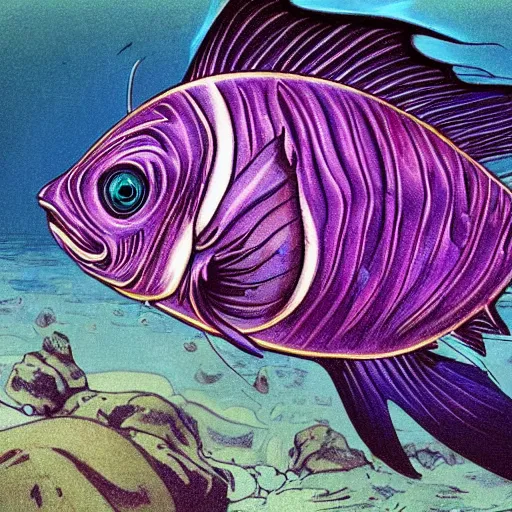 Image similar to a single fantasy deep sea fish that is heavily armored and it has disproportionately huge colorful wide spined pectoral fins and on its head 6 large black eyes and it's skin and fins have complex markings and it's tail fin is spined, it is swimming in a purple deep landscape with jagged rocks by alphonse mucha and brian froud