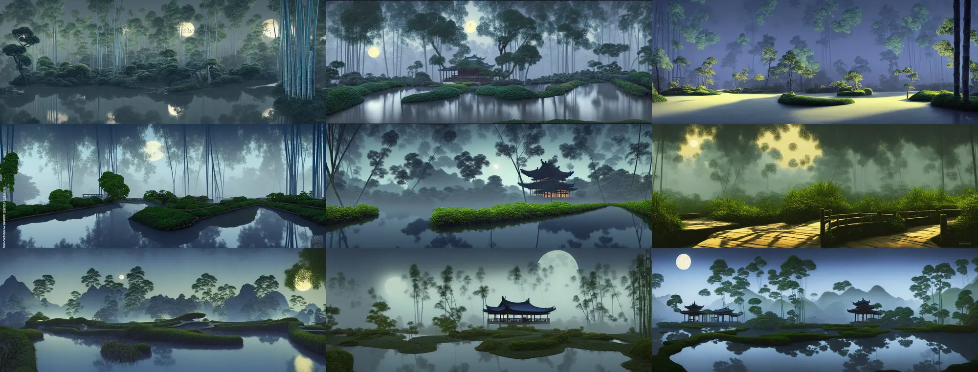 Image similar to a gorgeous landscape painting by barlowe wayne maxfield parrish and marco mazzoni. farmhouse under bamboo forest. chinese temple. drak blue night sky. just one winter moon!! wet winding steps. ultra clear detailed. 3 d, octane render. river. fog. 8 k