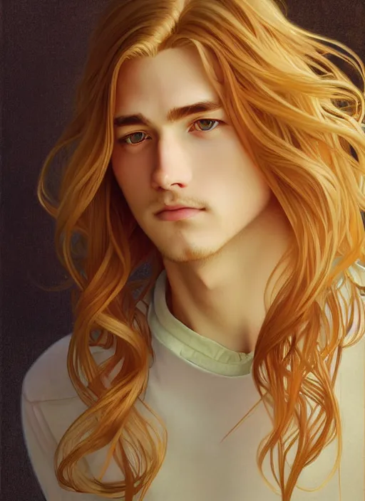 Image similar to pretty young man with shoulder length shiny shimmering golden blond hair, half body shot, path traced, highly detailed, high quality, digital painting, by studio ghibli and alphonse mucha, leesha hannigan, hidari, disney