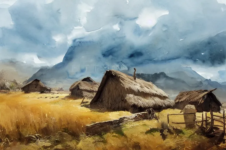 Image similar to paint brush strokes, abstract watercolor painting of rustic village at midday, straw roof, viking town, ambient lighting, art by hans dahl, by jesper ejsing, art by anders zorn, wonderful masterpiece by greg rutkowski, cinematic light, american romanticism by greg manchess, creation by tyler edlin