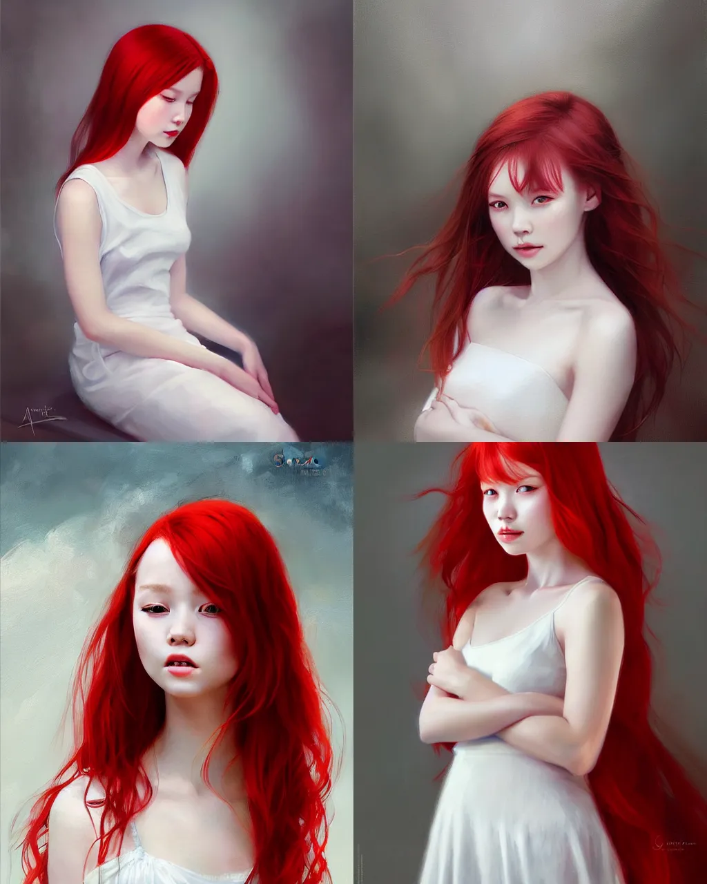 Prompt: girl with red hair and white dress, a beautiful portrait, soft painting, by stanley artgerm lau, wlop, rossdraws, lerapi, and sakimichan