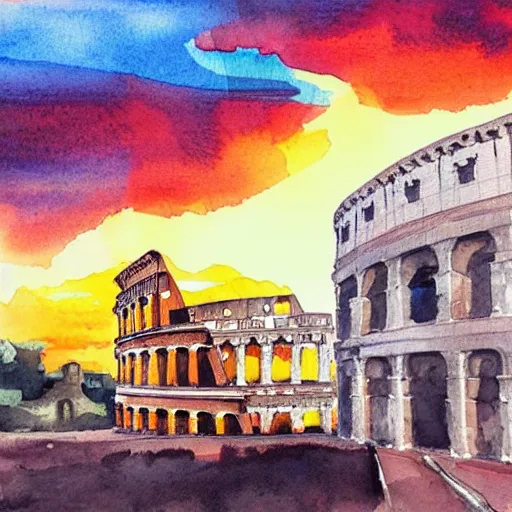 Image similar to skyline of rome with colosseum at sunset, watercolor art