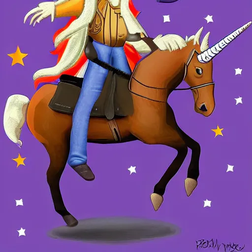 Image similar to Trump dressed as a cowboy riding a unicorn into a medieval battle against Nancy Pelosi, Digital Art