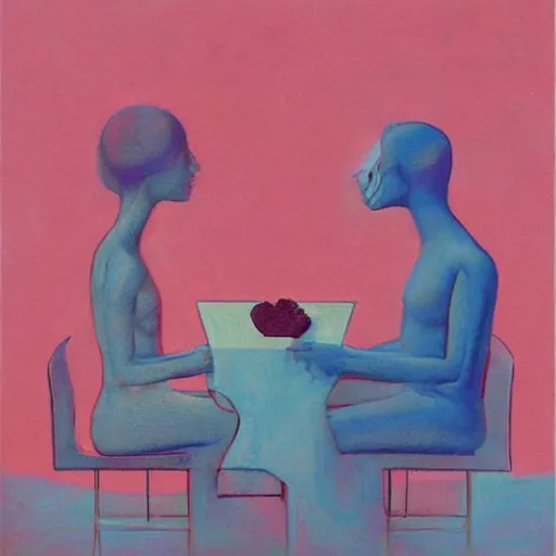 Prompt: abstract figurative art, lovers eat, moebius, dreamy, muted, pastel colors