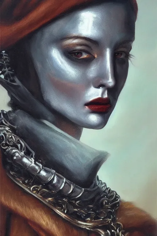 Image similar to hyperrealism oil painting, close - up portrait of european medieval brunette vampire fashion model, knight, steel gradient mixed with nebula sky, in style of baroque