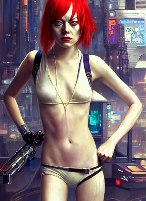 Image similar to portrait of Emma Stone as Leeloo from the fifth element as a character in Cyberpunk 2077, looking at camera, intricate, elegant, sci-fi, extremely detailed, digital painting, artstation, concept art, smooth, sharp focus, illustration, ambient lighting, incredible art by artgerm and greg rutkowski and alphonse mucha and simon stalenhag