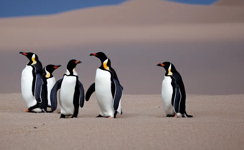Image similar to confused penguins in sand dunes, photography