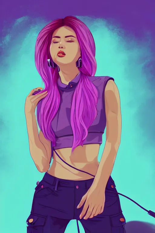 Prompt: a award winning half body portrait of a beautiful woman in a croptop and cargo pants with ombre purple pink teal hairstyle with head in motion and hair flying listenin to music on headphones by wlop, outrun, vaporware, shaded flat illustration, digital art, trending on artstation, highly detailed, fine detail, intricate