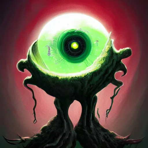 Image similar to a big one - eyed bumpy wrinkly ball sphere green pea, with boney arms and a single yellow eye of sauron, lovecraft, trending on artstation, 4 k, video game art, oil painting