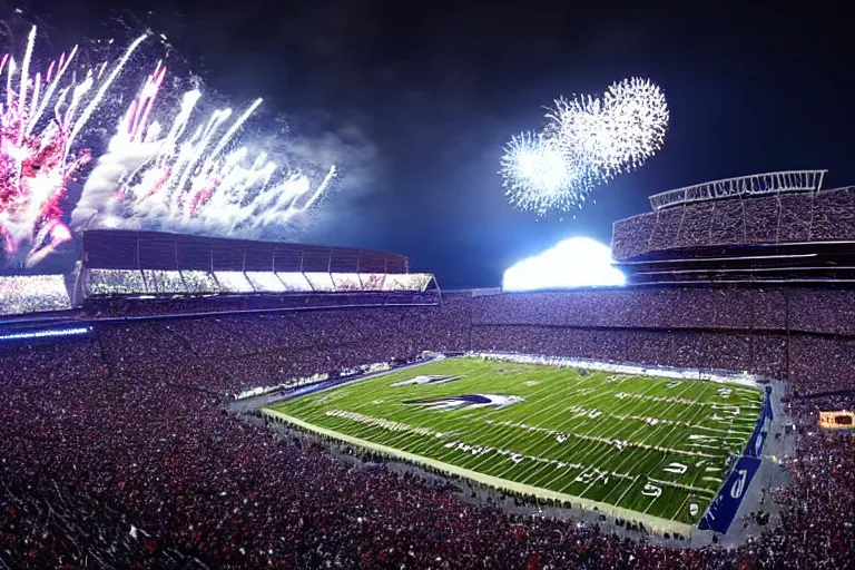 Image similar to !dream a flying whale zooms over an NFL stadium with fireworks cinematic lighting