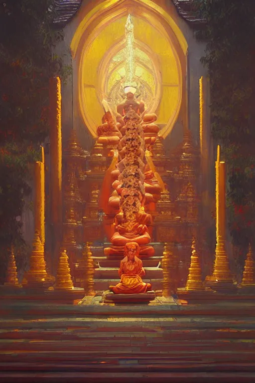 Image similar to temple, buddhism, painting by greg rutkowski, artgerm, vincent van gogh, j. c. leyendecker