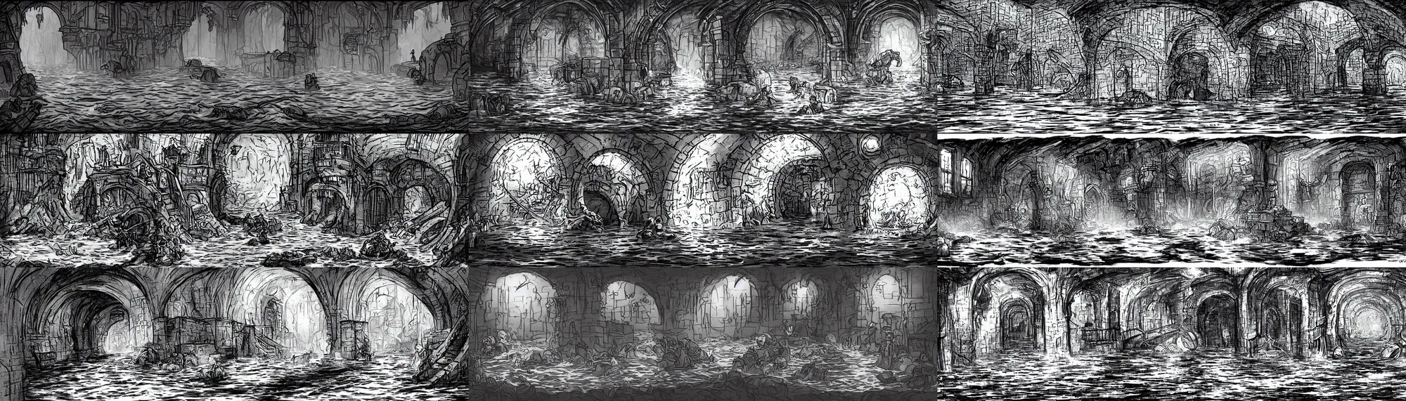 Prompt: deep water flows through waist - deep flooded sewer tunnels. fantasy art, underground, stream, crumbling masonry, darkness, sewage falling from grates, abandoned spaces, torchlight. sketch, darkest dungeon.