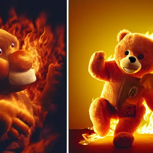 Image similar to candid photo of flaming Teddy Ruxpin, punching Smokey The Bear by Annie Leibowitz, photorealisitc, extremely detailed