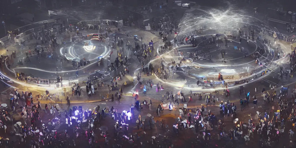 Image similar to policemen protecting a huge spiral - shaped bright white luminous attractor right in the center of the city from protesting people,, rain and light fog, professional lighting, concept art in 3 d, high detail, professional lighting, unreal engine