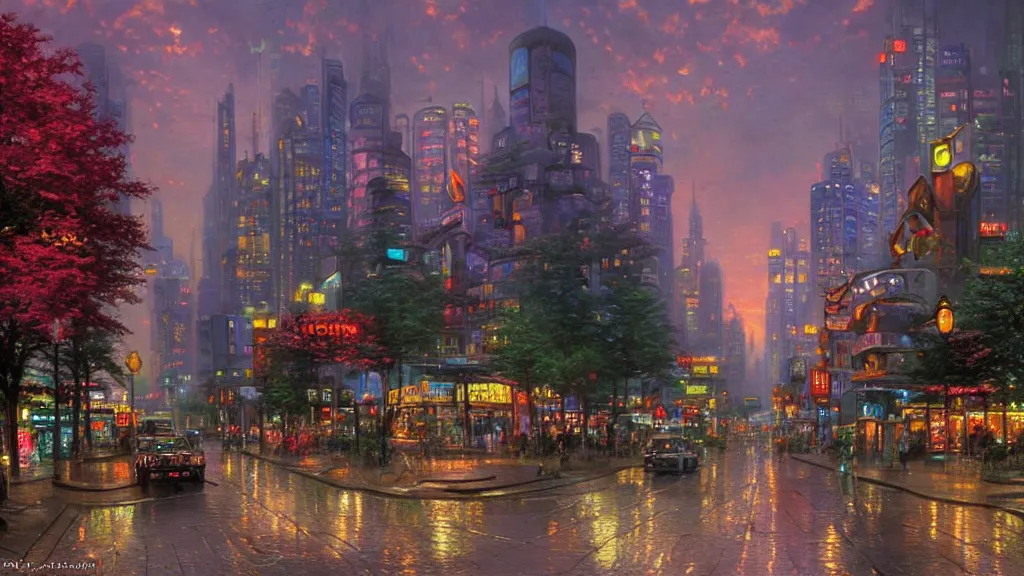 Prompt: utopian futuristic city streets at dusk, by thomas kinkade,