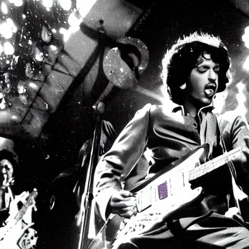 Prompt: screenshot of prince charles playing guitar in the movie purple rain