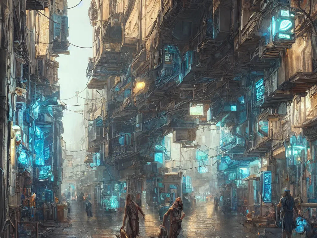 Prompt: hyperrealistic and beautiful painting of an alley way of a grand city, wanderers traveling from afar, classical architecture, technological lights, screens, 8 k resolution, by hugh ferris and john smith, polished, fine detail, blue color scheme, cyberpunk style, smooth, octane, concept art, trending on artstation