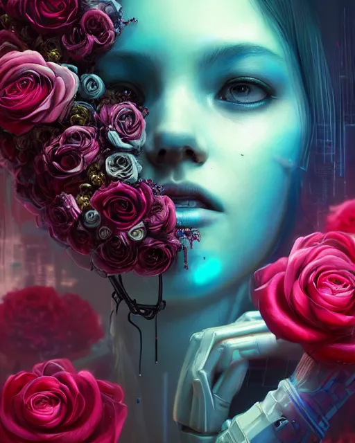 Image similar to portrait of a female face with roses instead of eyes, cyberpunk cyborg. roses, sci - fi, intricate abstract upper body intricate artwork, by tooth wu, wlop, beeple, dan mumford. concept art, octane render, deviantart, greg rutkowski, cinematic arthouse, key art, hyper realism, iridescent accents