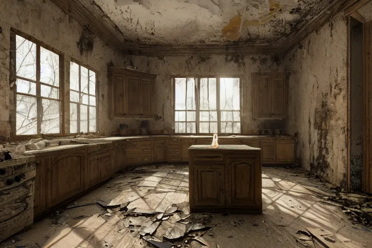 Image similar to ruined, abandoned american midwestern mansion kitchen, seen from inside. Diffused light falls through the broken windows. Dirt, leaves on ground. Unreal Engine. Substance painter. Zbrush. Trending on artstation. 8K. Highly detailed.