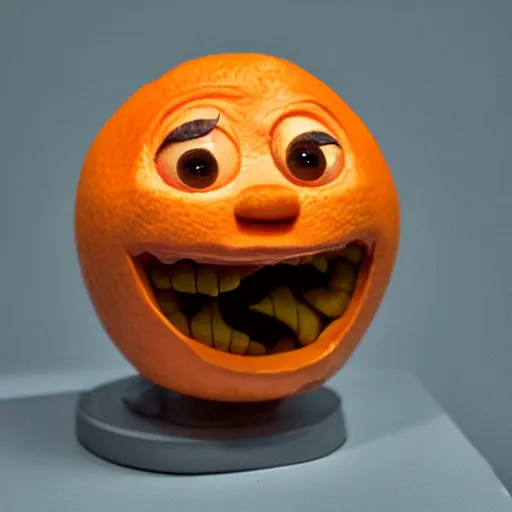 Image similar to a taxidermized annoying orange, in a museum, 8 5 mm lens, 7 0 mm entrance pupil diameter